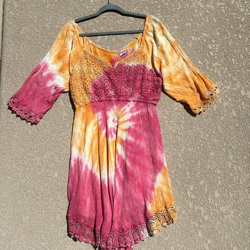 Shoreline Boho Tie Dye Peasant Dress Midi Crochet Rayon Pink Orange Size L/XL